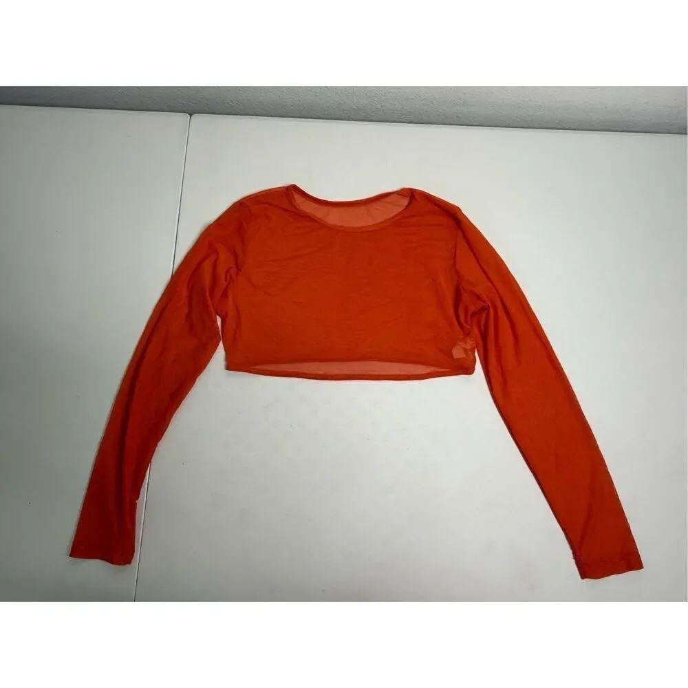 Women’s Mesh Orange Long Sleeves Crop Top Rush Guard Beach Size M